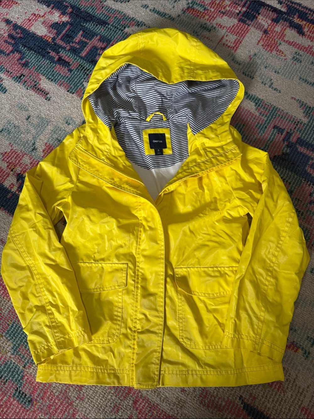 GAP Bright Yellow Hooded Raincoat with Striped Lining